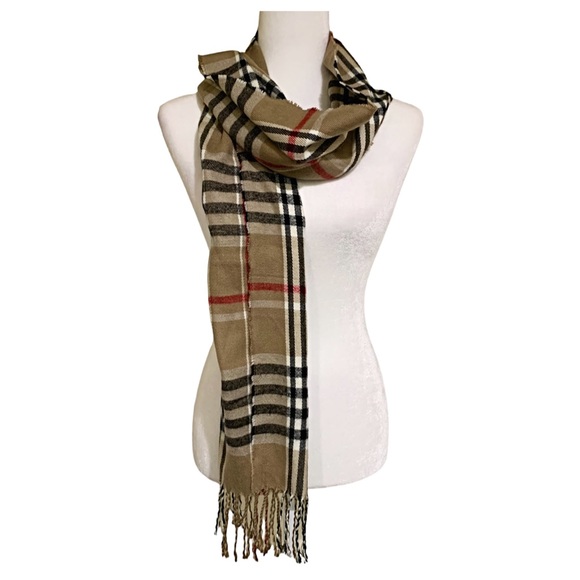 Scarf Beige Plaid Scarf Unisex Fringe Scarf - Picture 2 of 5